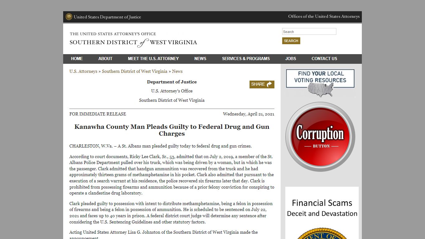 Kanawha County Man Pleads Guilty to Federal Drug and Gun Charges